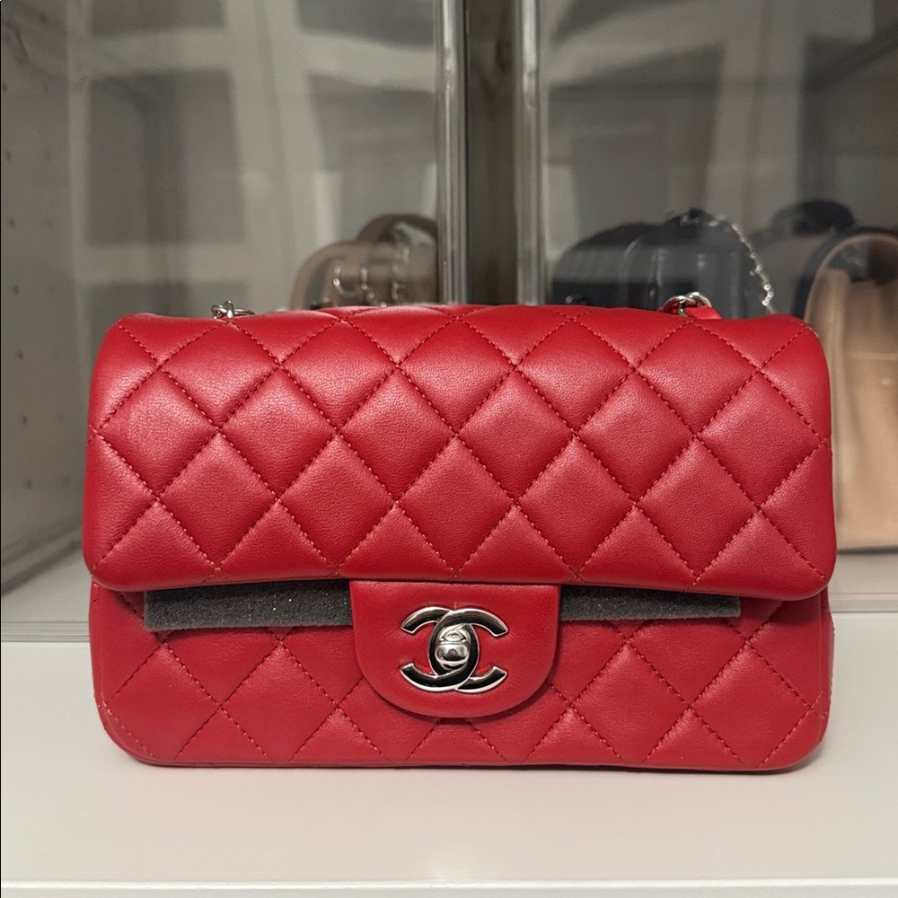 Authentic Chanel Classic Red Quilted Rectangle Mini Lambskin Bag